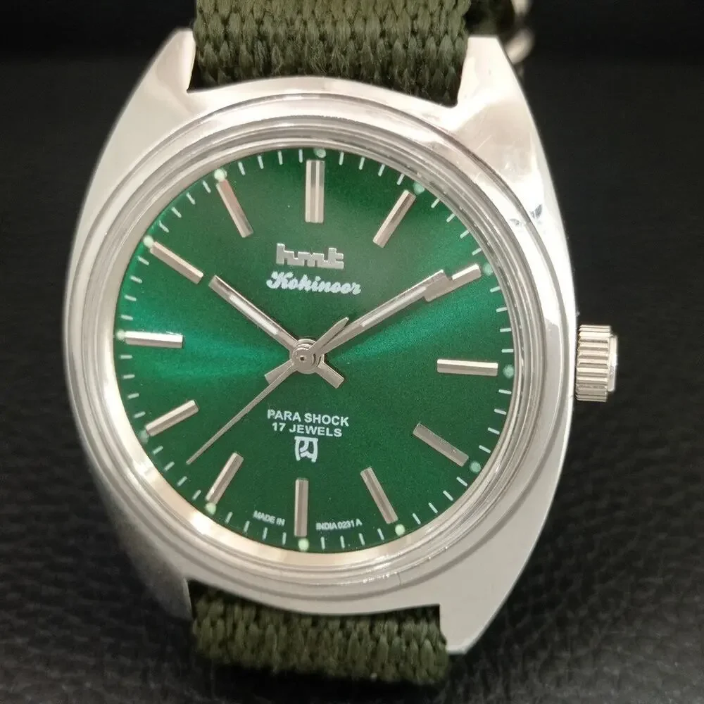 Vintage 1977 HMT Manual Wound Mens Silver Watch & Green accents